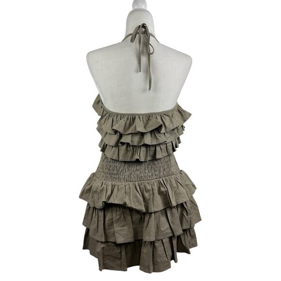 Tularosa Rory Linen Blend Mini Dress Medium Ruffled Smocked Backless Tie Neck - Picture 8 of 15